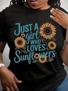 Camiseta "Solo Una Chica Que Ama Los Girasoles", Camiseta de Girasoles, Camiseta de Flores, Ropa Casual de Verano de Manga Corta con Cuello Redondo, Camiseta para Mujer - Negro - Ver 1