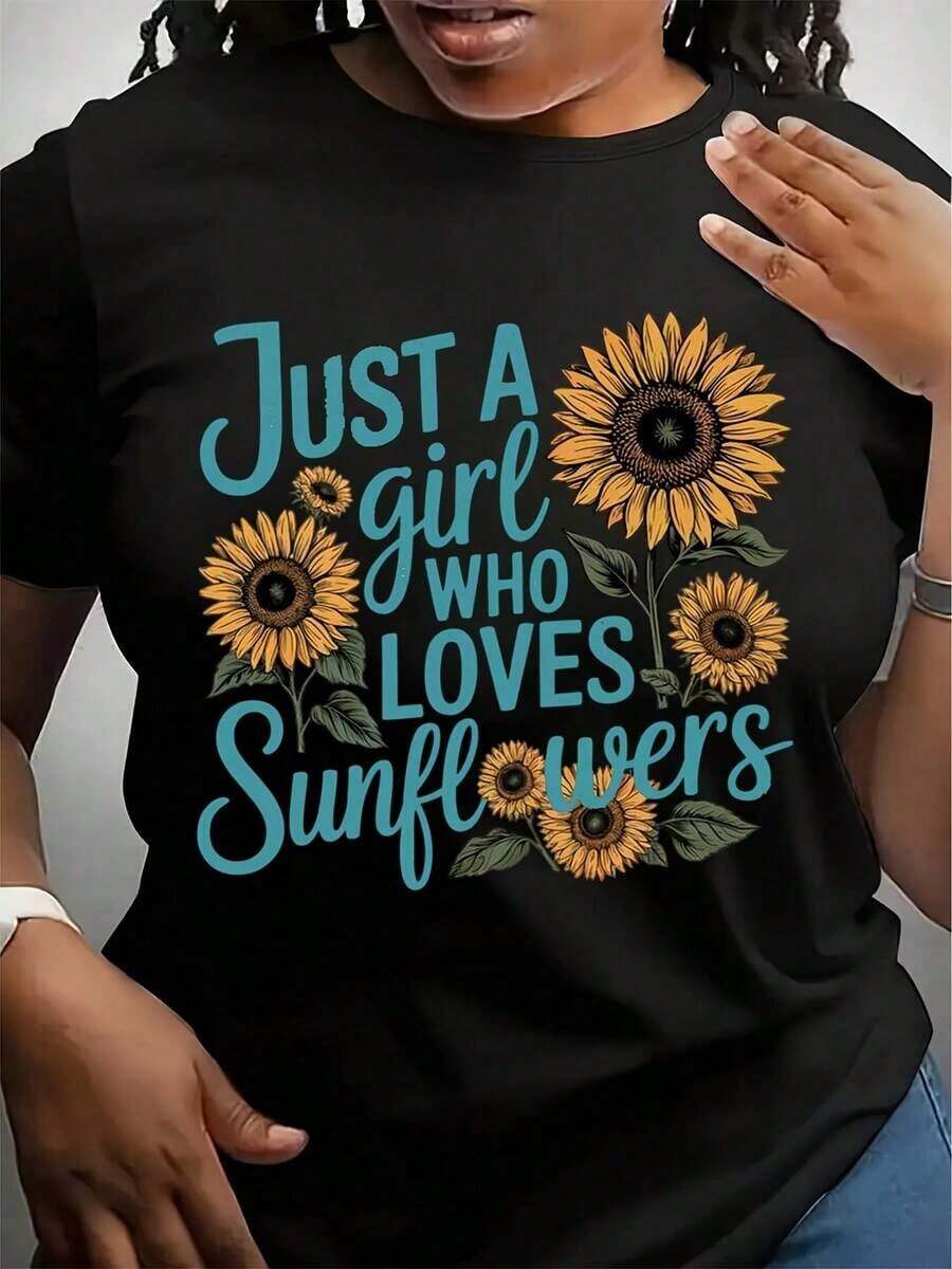 Camiseta "Solo Una Chica Que Ama Los Girasoles", Camiseta de Girasoles, Camiseta de Flores, Ropa Casual de Verano de Manga Corta con Cuello Redondo, Camiseta para Mujer - Negro - Ver 1
