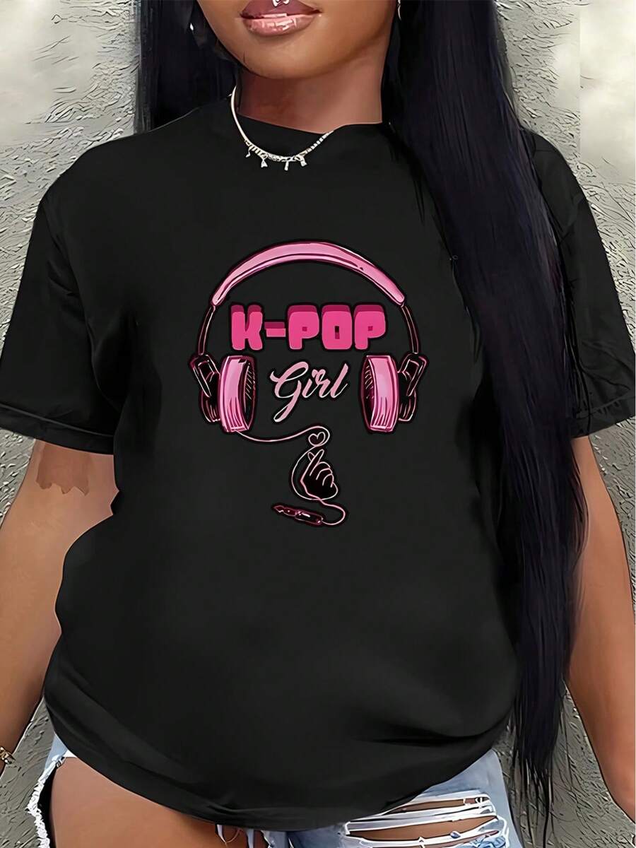New 2026 Collection: Short-Sleeve Cotton T-Shirt For K-Fans, Lightweight And Durable Design, Perfect For Concerts, Parties, Or Casual Wear At Home Or A Cafe, Featuring A Pink Headphone Graphic And K-Fan Print - 黑色 - 查看 1
