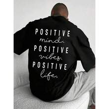 Camiseta unisex para hombres con estampado de letras y hombros caídos, ajuste regular, camiseta casual de manga corta y cuello redondo para el verano, moda de camiseta para uso diario - Negro - Ver 2