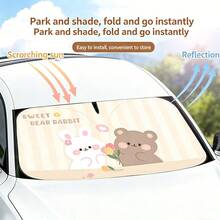 1pc (Multiple Patterns Available) Cartoon Tulip, Bear, Rabbit Car Sun Shade, Icy Feeling, Heat Insulation, Sun Protection, 4-Season Sunshade, Foldable Double-Ring Sunshade, Comes With Storage Bag, Front Windshield Sunshade - A - View 6
