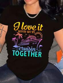 Una camiseta con estampado de letras y barcos, top casual de manga corta y cuello redondo para mujer. - Negro - Ver 1