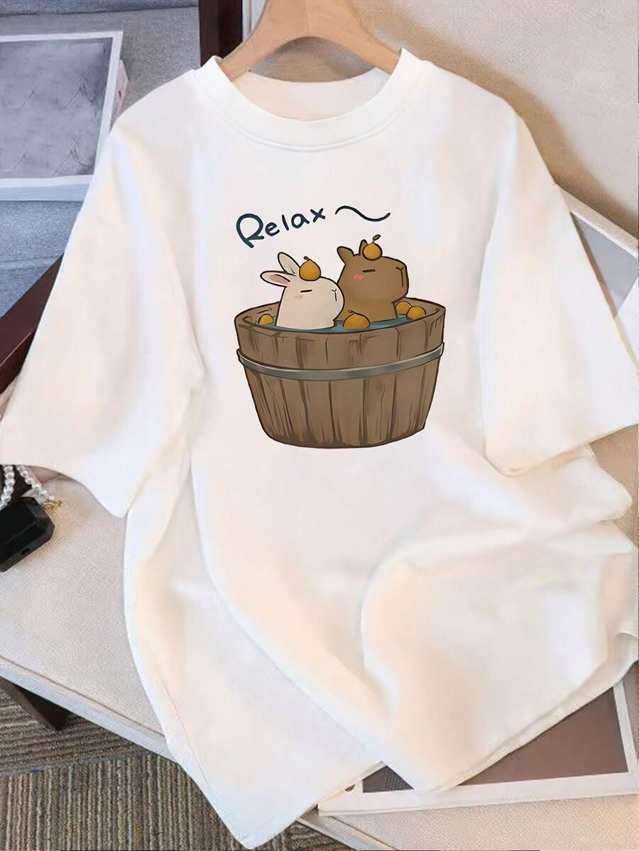 Camiseta de manga corta de algodón puro para mujer con estampado de diseño único, nuevo estilo de verano 2025, corte holgado, top adelgazante para estudiantes. - Blanco - Ver 1