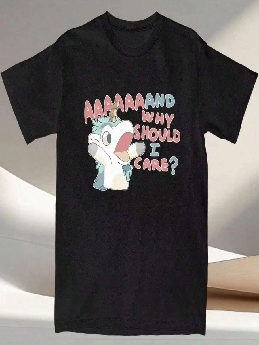 Men's And Women's T-Shirts, "Why Should I Care?" Unicorn T-Shirt, Blue-Eyed Anime Harajuku Beach T-Shirt, 100% Pure Cotton Basic T-Shirts. - Black - View 1