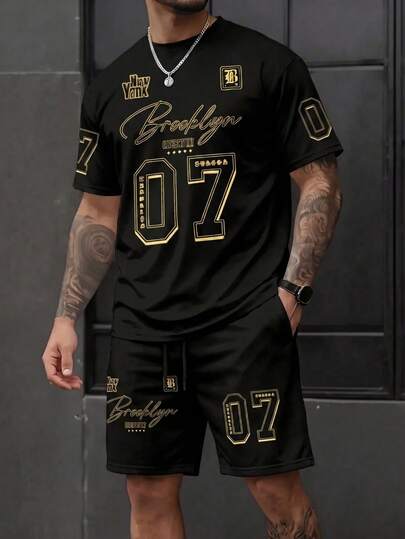  Fractyr Men's Street Style 2-Piece Set, Loose Fit Black & Gold + Brooklyn 07 New York City Graphic Sports Jersey Tee And Drawstring Shorts Set