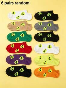 6 Pairs Alien Printed Casual Breathable Socks, Street Style, Suitable For All Seasons - Multicolor - View 7
