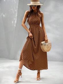 Vestido largo con estampado de lunares y cuello halter para mujer - Marrón - Ver 5