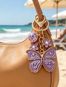 1pc Pretty Purple Butterfly Flower Keychain, Handmade Rhinestone Pendant, Pearl Butterfly Enamel Bag Pendant, Elegant Natural Spring And Summer Theme, Hawaiian Bohemian Vacation Style, Suitable For Backpack, Wallet Decoration, Headphone Bag Accessories, Car Pendants, And Drip Oil Jewelry. Suitable For Women'S Daily Wear, Vacations, And Gatherings. Unique Small Gifts, Birthday Gifts, Party Gifts, Bridesmaid Gifts, Gifts For Him/Her - Multicolor - View 8