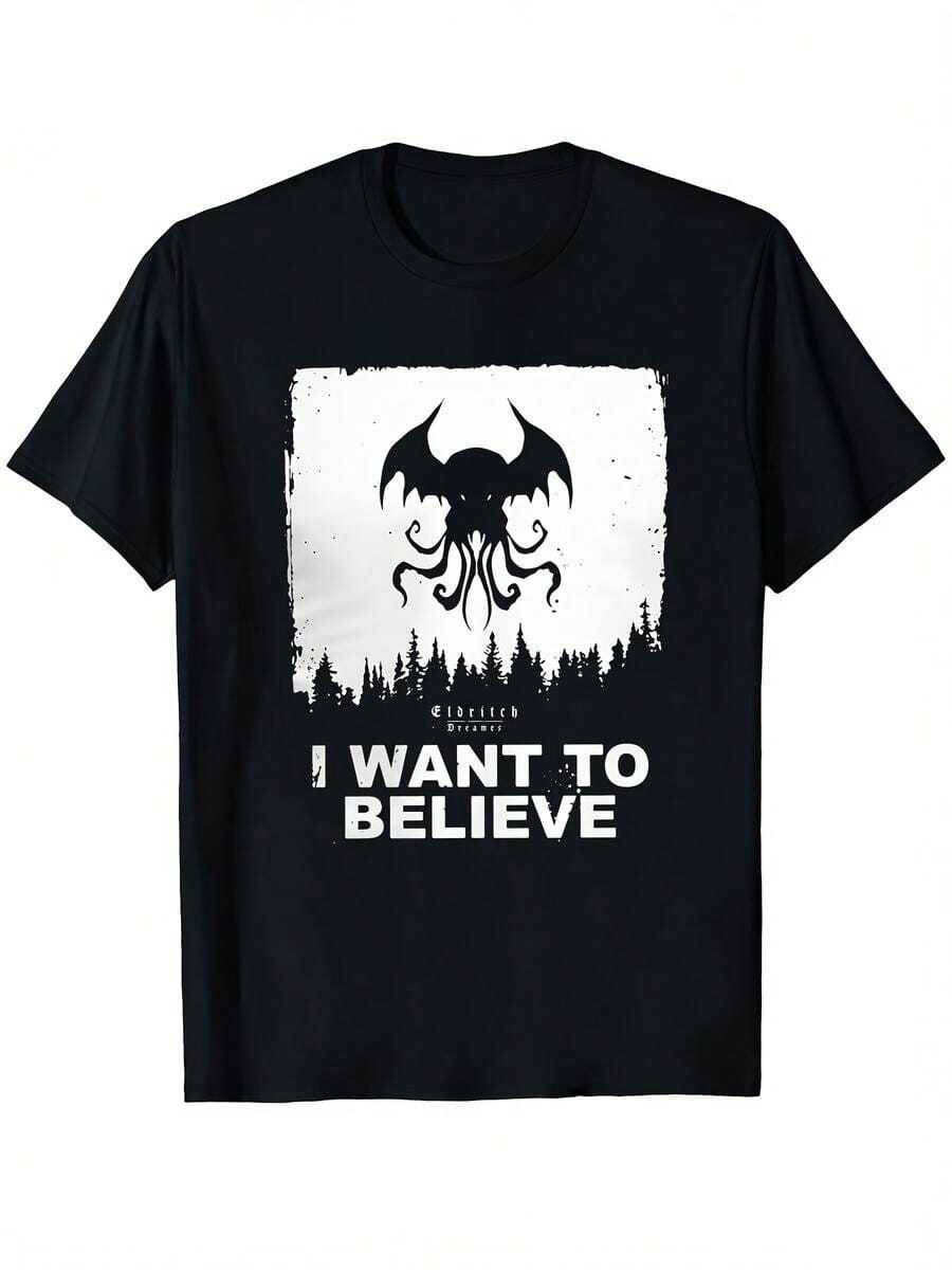 Camiseta para hombre Quiero creer en Cthulhu - Dise?o de los Mitos de Cthulhu estilo Lovecraftiano, camiseta de algodón suave con estampado icónico de tentáculos, atuendo casual para gamers y fans de - Negro - Ver 1