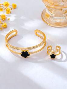 1 Set New Fashionable Gold Flower Bracelet And Ring Set, Suitable For Women's Daily Wear, Parties, Galas, Holidays Gift - Flower - View 3