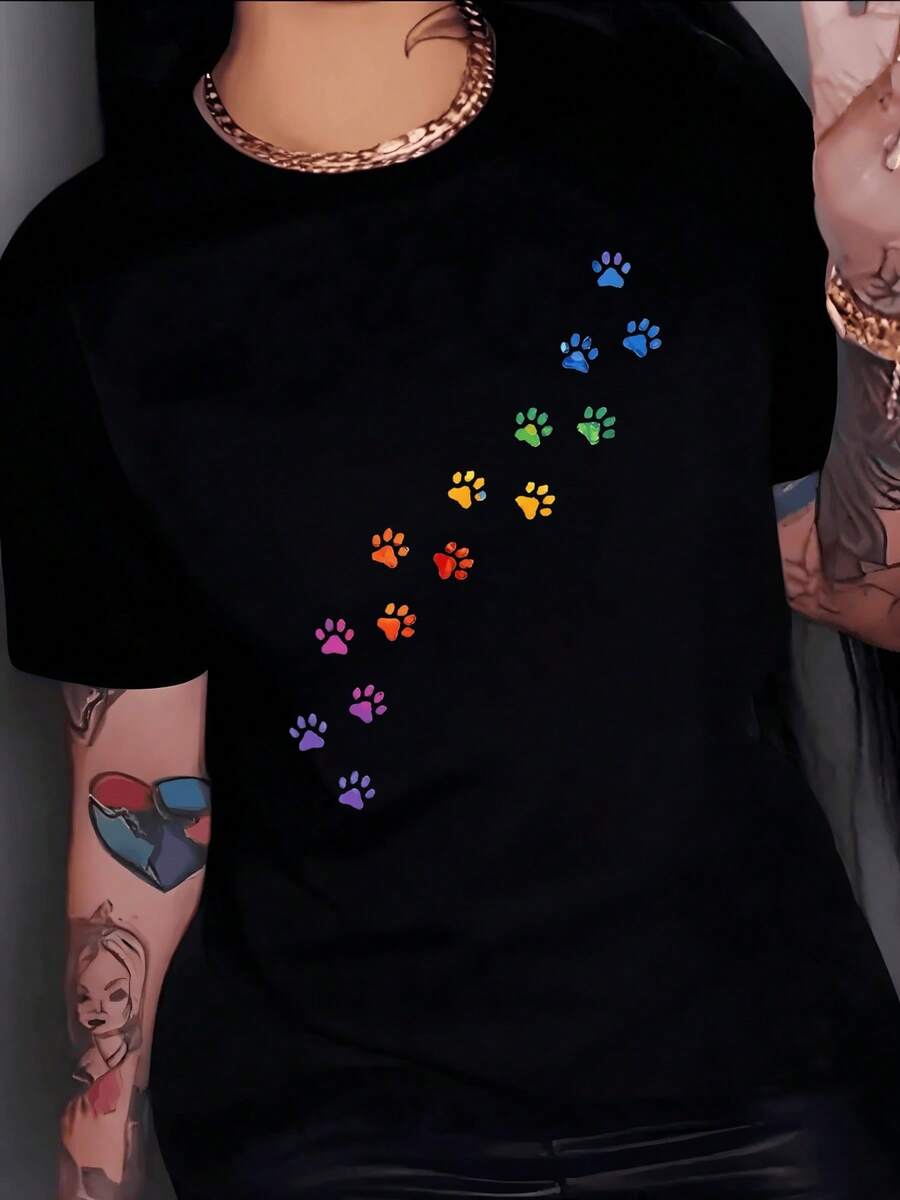 Huella multicolor que simboliza alegría conexión con los animales y libertad en cada paso camiseta de mujer con estampado moderno cómodo y casual para uso diario - Negro - Ver 1