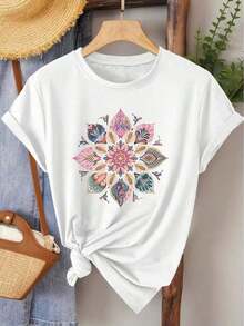 100% Cotton Elegant Women's Short-Sleeved T-Shirt With Mandala Print | Modern Vintage Style, Medium Stretch Fabric, Ideal For Spring, Summer, And Autumn, Versatile For Everyday Wear And Casual Outings, Sizes S-XXL - 白色 - 查看 1