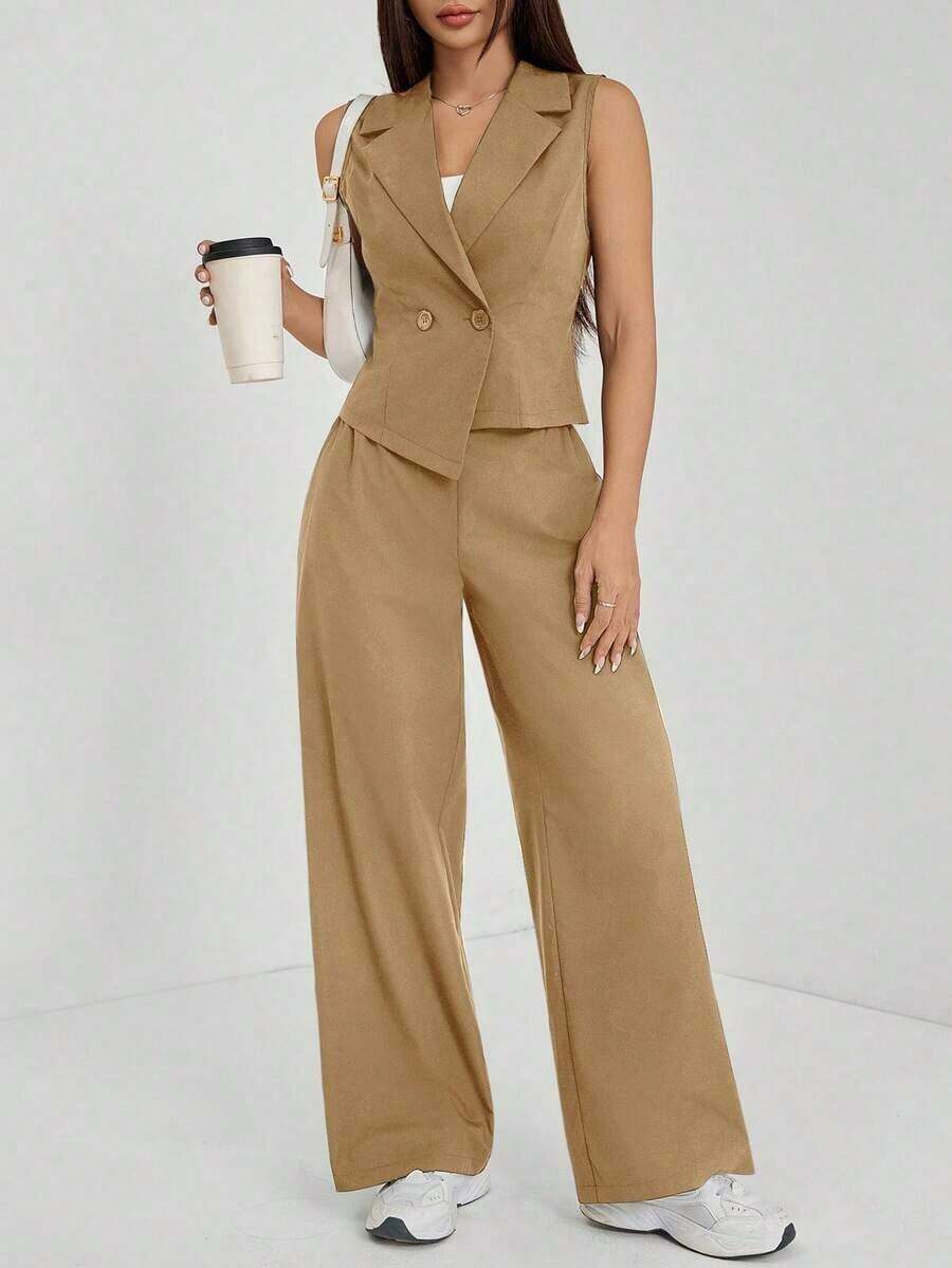 de 2 piezas de ropa de otoño, top sin mangas y pantalones de unicolor para mujer - Marrón - Ver 1