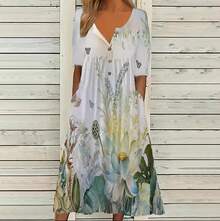 Vestido Maxi de Manga Corta con Cuello en V y Estampado Moderno para Mujer, Primavera 2026, Estilo Europeo y Americano - flores - Ver 5