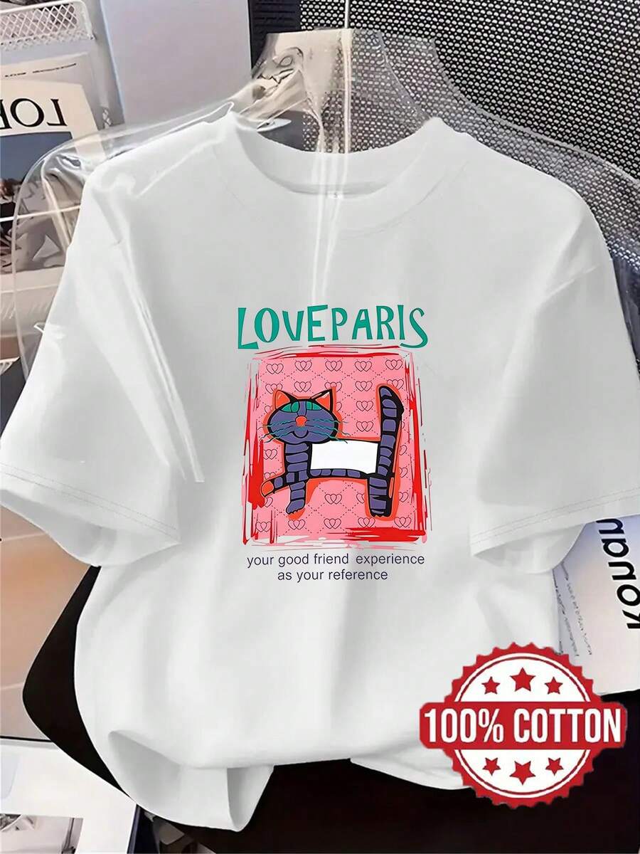 | Exquisite Design | Loose And Comfortable | Easy To Match | TH444 New Women's T-Shirt, Featuring A Cartoon Kitten Print, Fashionable And Casual Printed T-Shirt, 100% Round Neck And Short Sleeves, Sweat-Absorbing And Breathable, Casual Loungewear, Comfortable, Stylish And Unique, Suitable For Spring, Summer And Autumn, Versatile Short-Sleeved Sports T-Shirt, Breathable And Sweat-Absorbing, Also Suitable For Layering In Autumn And Winter. - 白色 - 查看 1