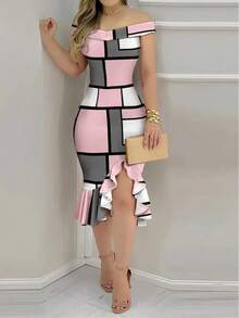 Vestido midi ajustado con estampado floral y hombros descubiertos para mujer, vestido de cóctel con abertura y volantes en el bajo - Gris - Ver 6