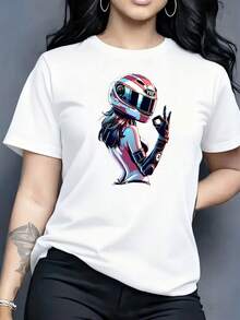 Women's Fashionable T-Shirt, Featuring The "Mighty Man From And " Pattern Print, Made Of 100% Pure Cotton With A Round Neck And Short Sleeves. It Is Comfortable And Breathable, Casual And Elegant, A Must-Have For Summer. - 白色 - 查看 6