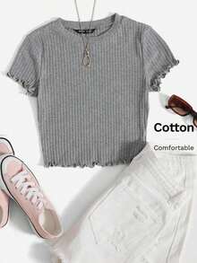 Camiseta de punto acanalado con ribete de lechuga de un solo color para salir en verano - Gris - Ver 6