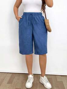 Pantalones cortos holgados de lino de talla grande para mujer, de unicolor, con bolsillo y lazo en la cintura, pantalones cortos anchos y de pierna ancha, pantalones cortos modestos para vacaciones y verano, color negro - Azul 3 - Ver 7