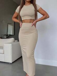 Conjunto de 2 piezas de verano, top corto de manga corta y cuello redondo de unicolor y falda larga de tubo, para mujer - Beis - Ver 7