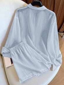 Conjunto de camisa de manga larga a rayas de un solo pecho y pantalones cortos versátiles de estilo vintage casual - Celeste 2 - Ver 2