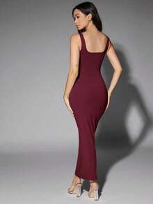 Vestido de tirantes de cuello redondo liso - Burdeos - Ver 2