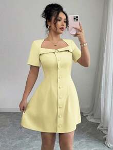 Vestido corto de manga corta con cuello trapezoidal elegante, volantes y cintura con botones en forma de línea A, adecuado para el trabajo, primavera/verano - Amarillo - Ver 4