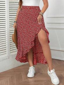 Falda casual de verano para mujer de talla grande con diseño de cintura alta, estampado floral diminuto y largo en la parte trasera, ideal para bodas, vacaciones y resorts de estilo bohemio - Rojo - Ver 4