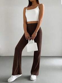 Pantalones negros acampanados de unicolor para mujer estilo Y2K - Marrón Chocolate - Ver 4
