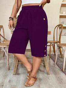 Pantalones cortos casuales y versátiles de talla grande para mujer, de unicolor, con cintura elástica y bolsillos - Morado - Ver 8