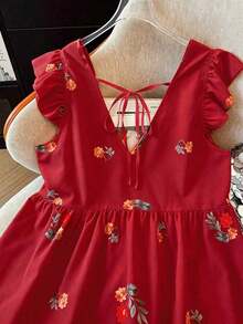 Blusa de mujer de talla grande con estampado floral de gasa, estilo casual de frente abierto tipo resort, versátil para primavera, verano y otoño - Rojo 2 - Ver 6