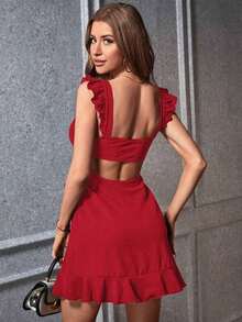 Vestido ribete con fruncido con abertura de espalda abierta - Burdeos - Ver 6