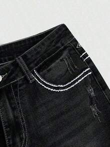1ROMWE Grunge Punk Spring Black Y2K Retro Xplosion Pocket Cross Wing Embroidery Slim Fit Flare Leg Low Waist Jeans For Women 0GUN - 黑色 - 查看 3