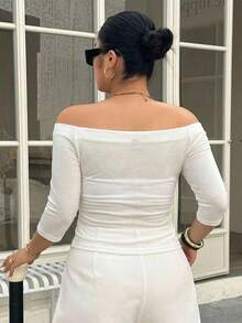 Curve Camiseta de verano elegante y ajustada de unicolor con hombros descubiertos para tallas grandes - Blanco 2 - Ver 5
