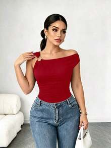 Camiseta ajustada con cuello asimétrico talla grande, top casual versátil, primavera/verano - Rojo - Ver 3