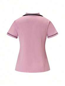 Conjunto de uniformes médicos: Parte superior de cuello en V de manga corta y pantalones para trabajadores de la salud - Rosa - Ver 4