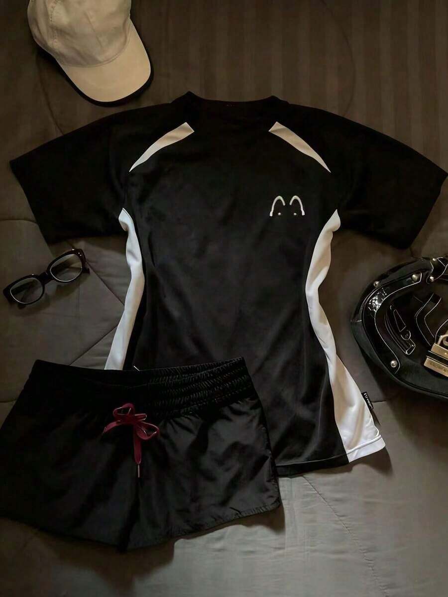 Camiseta de mujer de manga corta, cuello redondo, estilo casual y de bloques de color - Blanco y Negro - Ver 1