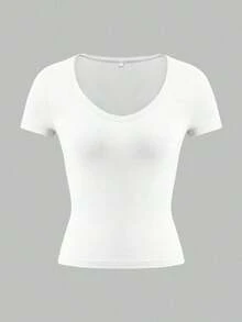 Camiseta ajustada de estilo Y2K con cuello en V y mangas cortas de unicolor, cintura ceñida, adecuada para uso diario casual de las mujeres Vaiaye - Blanco 2 - Ver 3