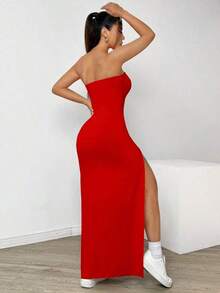 Vestido de ajustado para mujeres con muslo dividido y sin tirantes de unicolor - Rojo - Ver 2