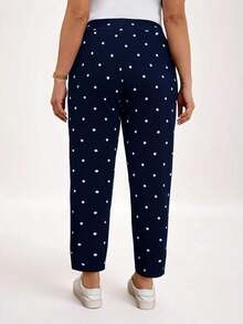 Pantalones casuales con estampado de lunares, bolsillos y aberturas laterales para mujer talla grande.Ideales para vacaciones, Año Nuevo, Día de San Valentín, negocios casuales, oficina, primavera y verano - Azul marino - Ver 2