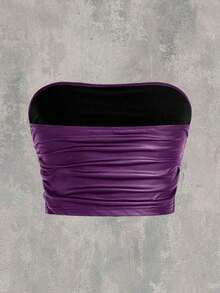 Top sin tirantes negro de punto para mujer, top liso negro casual con pliegues y ajustado para mujer, uso diario casual de primavera/verano - Morado - Ver 2