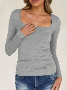 Camiseta ajustada de manga larga con cuello cuadrado para mujer, primavera/verano Y2K, unicolor, sexy, adecuada para el Día de San Valentín y uso casual - Gris Claro - Ver 7