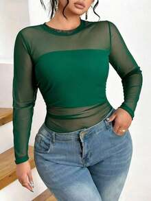 Camiseta básica negra de manga larga con cuello redondo y malla, talla grande y versátil, sexy - Verde Oscuro - Ver 3