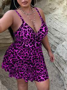 2026 Traje de baño de una pieza con efecto estilizante para tallas grandes| Estampado de leopardo clásico de estilo retro salvaje| Escote en V con lazo ajustable en la parte delantera para realzar el busto| Abertura frontal + dobladillo d - Rosa Fucsia - Ver 6