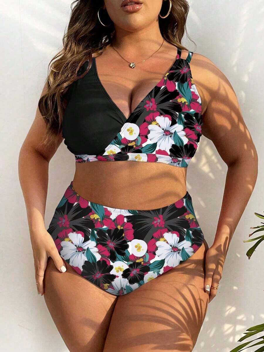 Conjunto de bikini con estampado tropical para la playa de verano en tallas grandes - Blanco y Negro - Ver 1