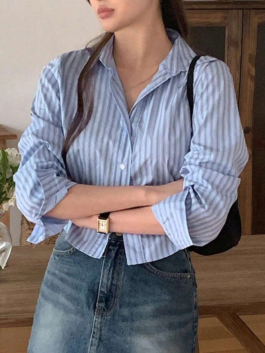 Blusa de manga larga ajustada y corta a rayas para mujer, color rosa, para primavera/otoño, ropa de mujer - Azul - Ver 1