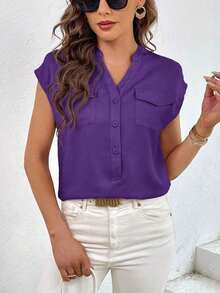 Camisa casual de mujer de manga corta con bolsillo, cuello en V con muesca y unicolor para uso laboral - Morado Violeta - Ver 5