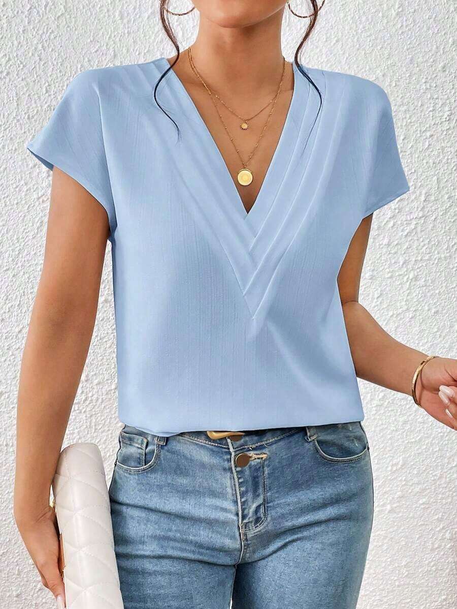 Blusa de mangas de murciélago sólidas, cuello en V, blusas de manga corta - Celeste - Ver 1