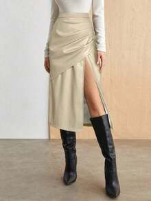 Falda con abertura alta de PU para mujer, atuendo de oficina casual urbano para ir al trabajo, vestimenta formal elegante para mujer en otoño - Albaricoque - Ver 5