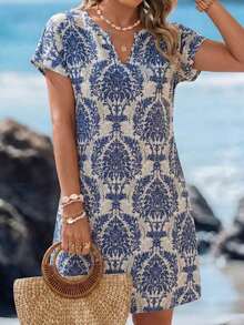 Vestido casual de mujer con estampado floral, cuello en V y manga corta para vacaciones - Azul marino 2 - Ver 7
